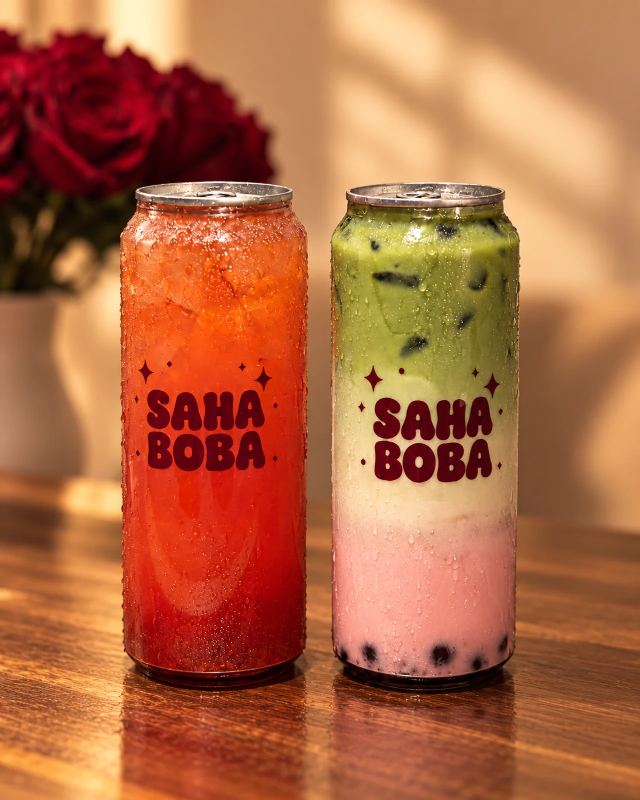 Saha refresher and matcha cans shown together from lids to bases