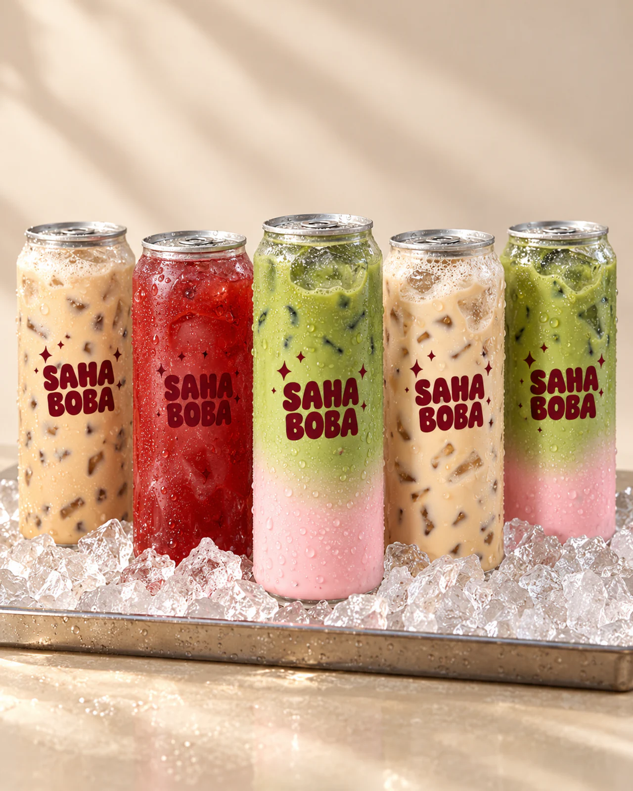 Colorful Saha cans shown upright from lids to bases